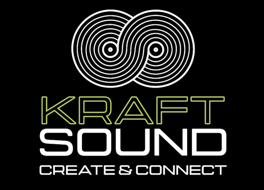 Kraftsound — Create & Connect, white and green logotype on a black square